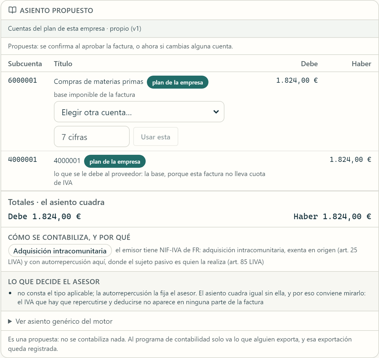 A proposed accounting entry showing the company’s accounts, debit and credit, reasoning and decisions left to the adviser, in Asernia’s Spanish interface.