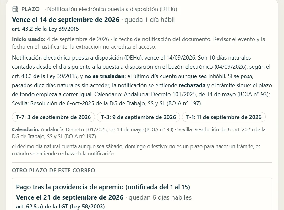 Asernia’s Spanish interface showing due dates, supporting articles, dates before the deadline and the calendar used.